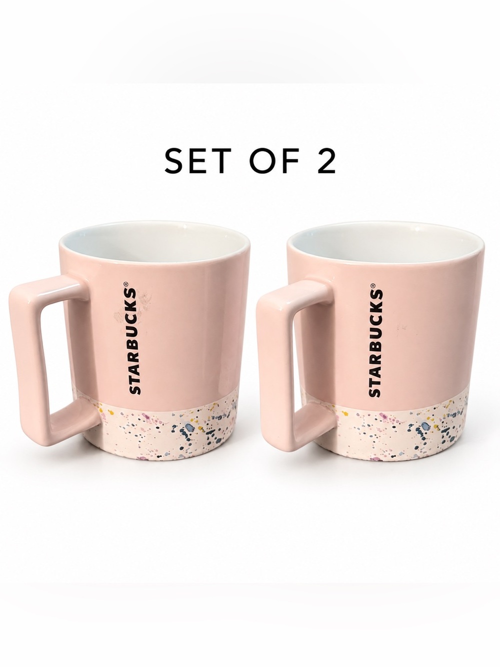 Starbucks Pink Splatter Ceramic Coffee Mugs 12 oz Set of 2 Square Handles